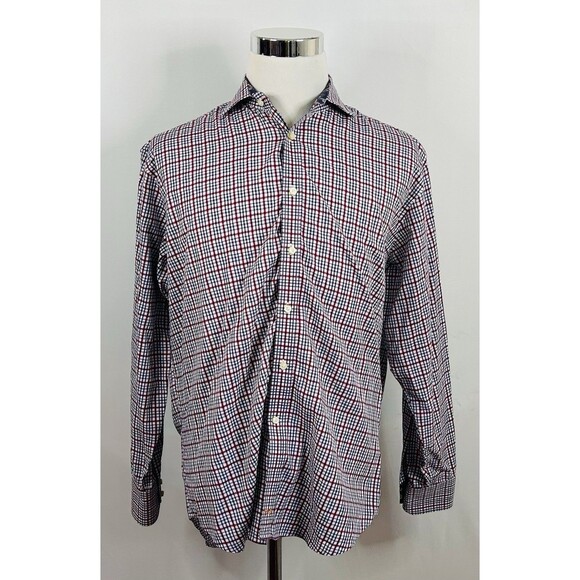 Thomas Dean Large Casual Shirt Paisley Flip Cuffs Red White Blue Plaid Cotton - Picture 2 of 5